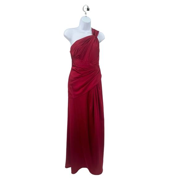 David's Bridal Red Satin One-Shoulder Ruched Formal Dress Womens Size 4 Pleated - Picture 4 of 10